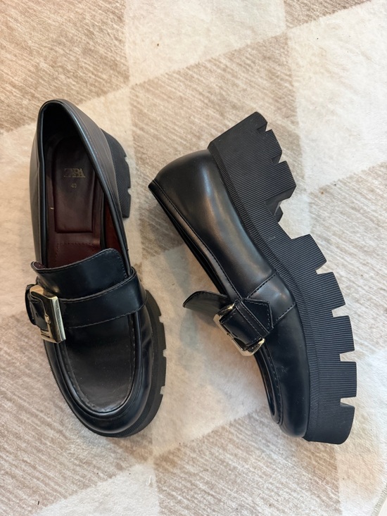 Zara Shoes - Zara Black Chunky Lug Sole Leather Loafers with Buckle